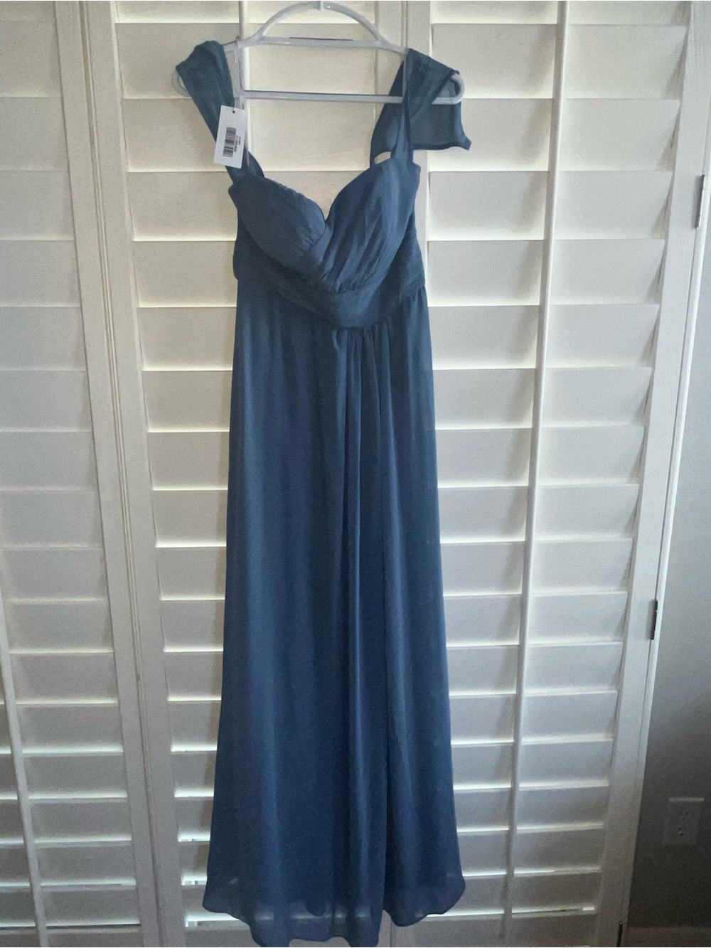 Long Chiffon Slate Blue Dress with Cap Sleeves
